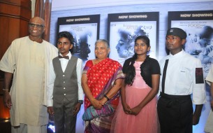 Left-to-right, Shri Madhu Pandit Dasa-Chairman, Akshaya Patra, Shivu, Mrs. Sudha Murty, Manjula and Shekar at the lunch event