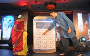 Mrs. Sudha Murty along with Mr. TV Mohandas Pai, launching the all new Akshaya Patra mobile app – among other features, the app shows the total number of meals served